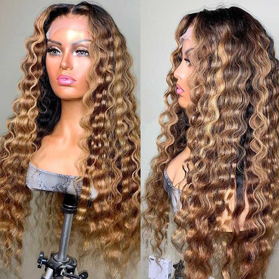 30 34 Inch Highlight Ombre Lace Front Wig Curly Human Hair Wigs Honey