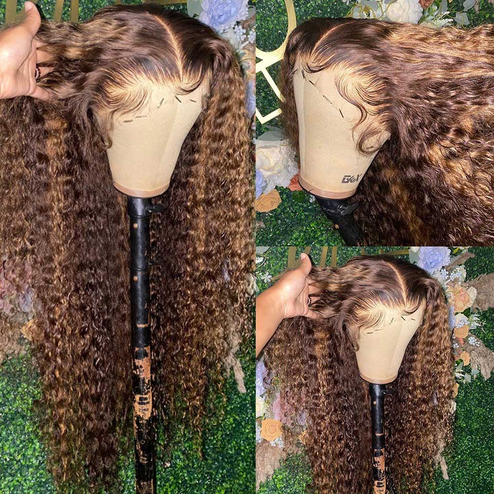 30 34 Inch Highlight Ombre Lace Front Wig Curly Human Hair Wigs Honey