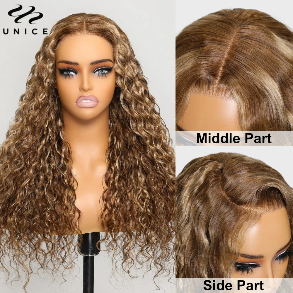 UNice Hair Water Wave Wig Honey Blonde Highlight Pre Cut Lace Wig