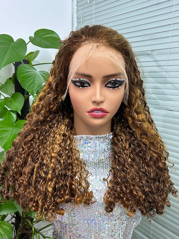 Honey Blonde Highlight Piano Color 13x4 Lace Frontal Curly Wave Human