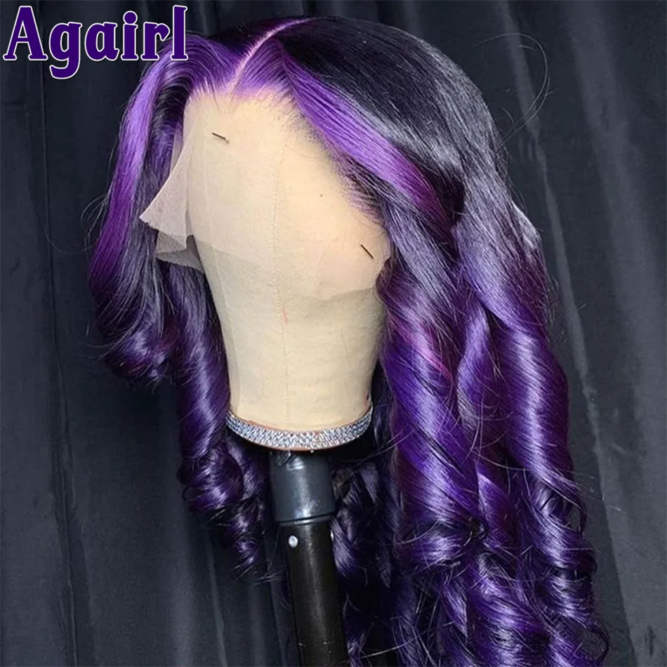 13X6 Transparent Full Lace Wigs Highlight Black And Purple Loose Wave