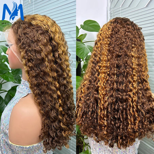 Honey Blonde Highlight Piano Color 13x4 Lace Frontal Curly Wave Human