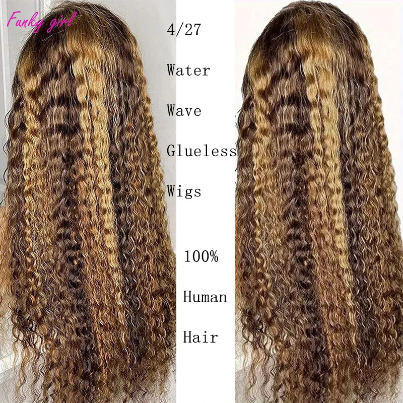 Glueless Wig Water Wave Lace Front Wig Human Hair Ombre Brown