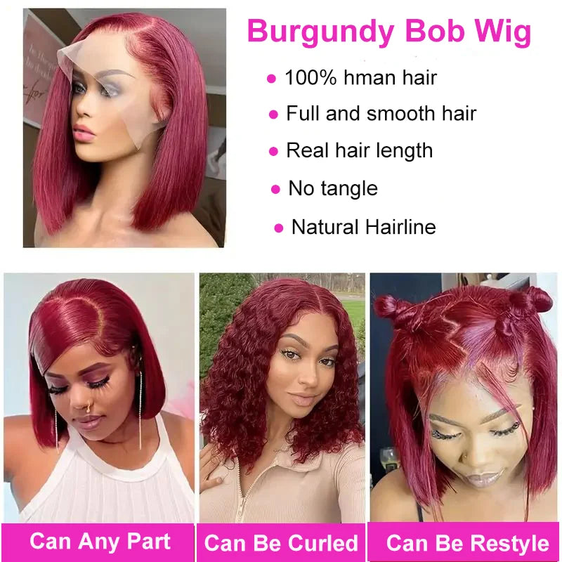 99J HD Transparent Lace Short Bob Human Hair Wigs Brazilian Burgundy