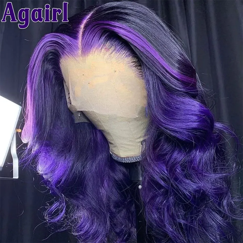 13X6 Transparent Full Lace Wigs Highlight Black And Purple Loose Wave