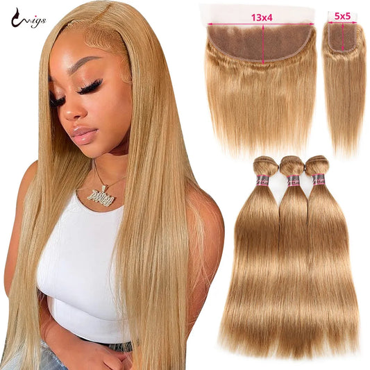 #27 Honey Blonde Bundles with 13x4 Frontal Highlight Bone Straight