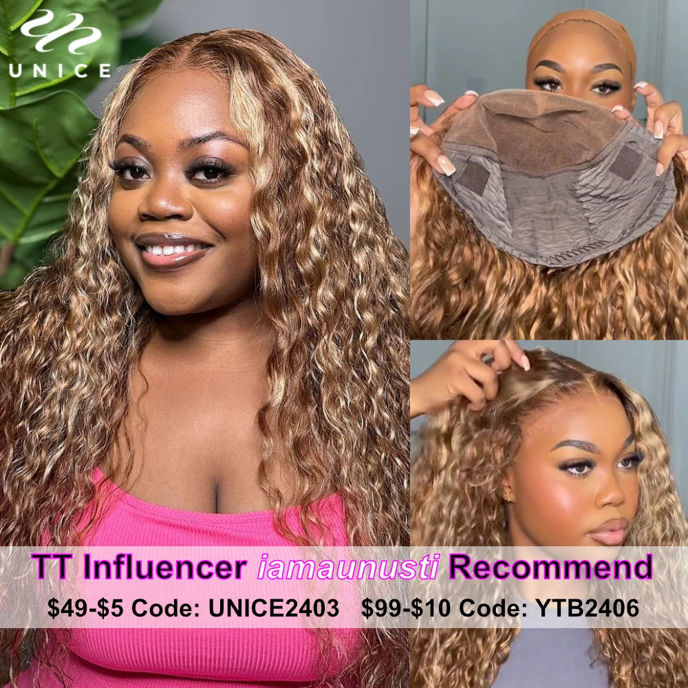 UNice Hair Water Wave Wig Honey Blonde Highlight Pre Cut Lace Wig