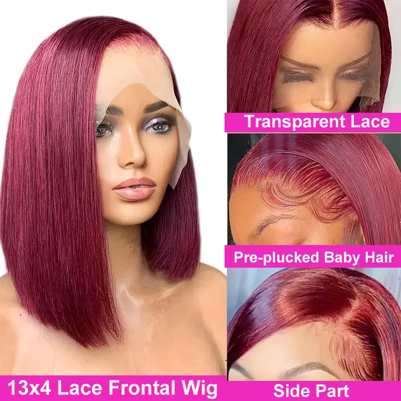 99J HD Transparent Lace Short Bob Human Hair Wigs Brazilian Burgundy