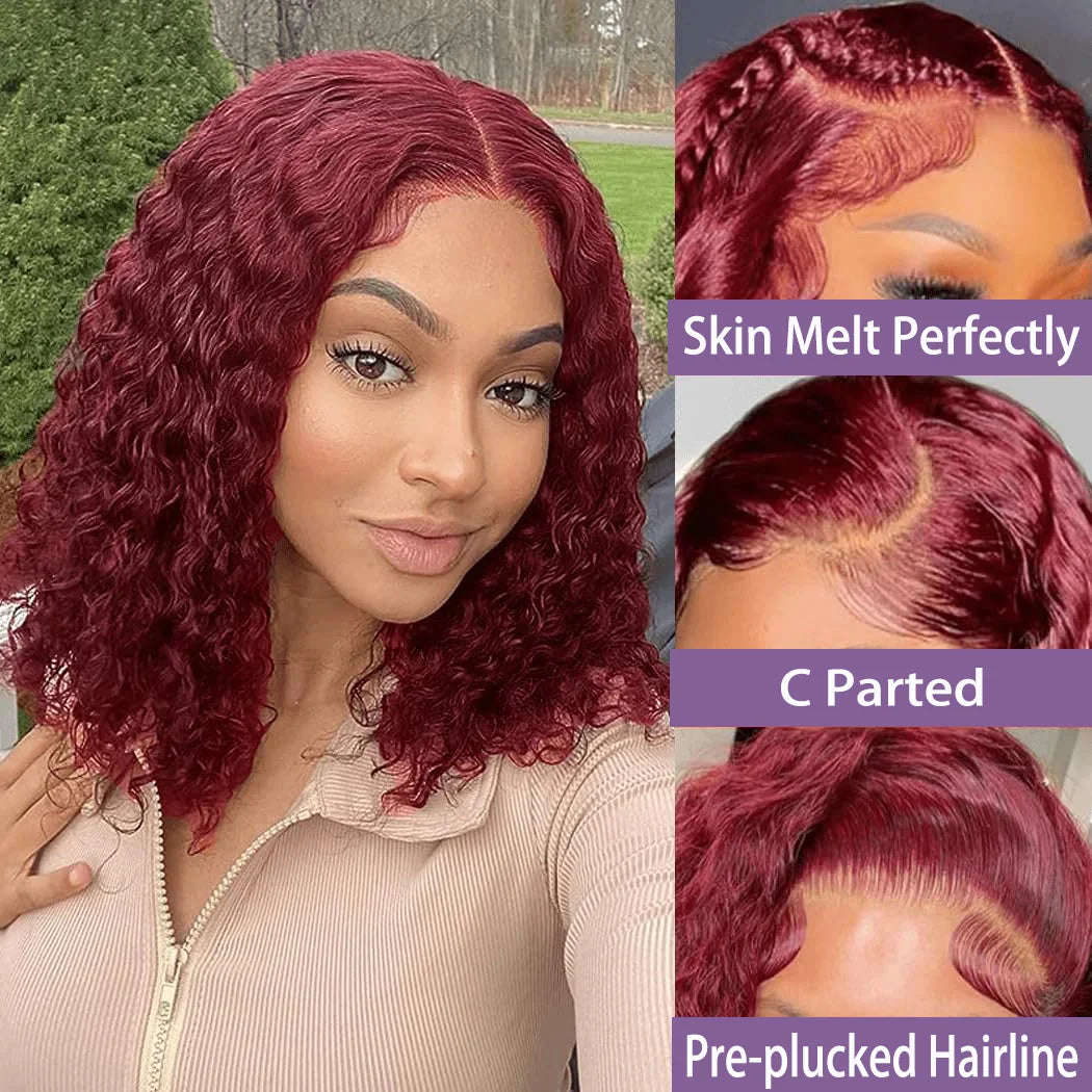 16 Inches 99J Burgundy Short Lace Front Wigs Short Bob Deep Wave 13x4