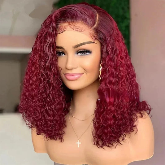 16 Inches 99J Burgundy Short Lace Front Wigs Short Bob Deep Wave 13x4