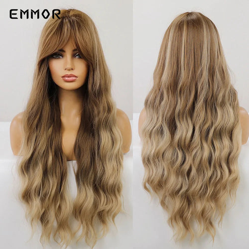 Emmor Ombre Black to Light Blonde Hair Wig Synthetic Long Wavy Wigs