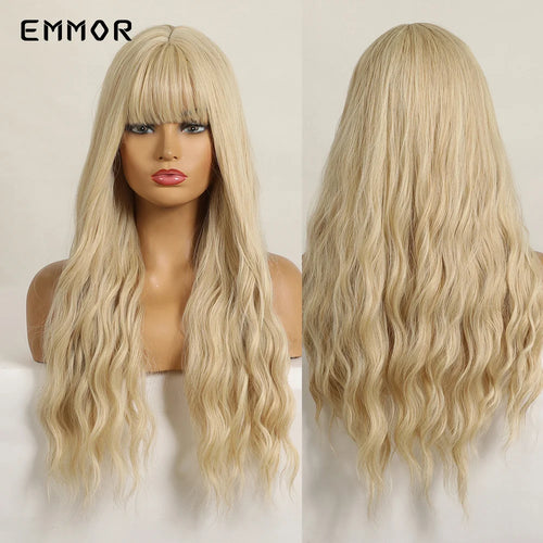 Emmor Ombre Black to Light Blonde Hair Wig Synthetic Long Wavy Wigs