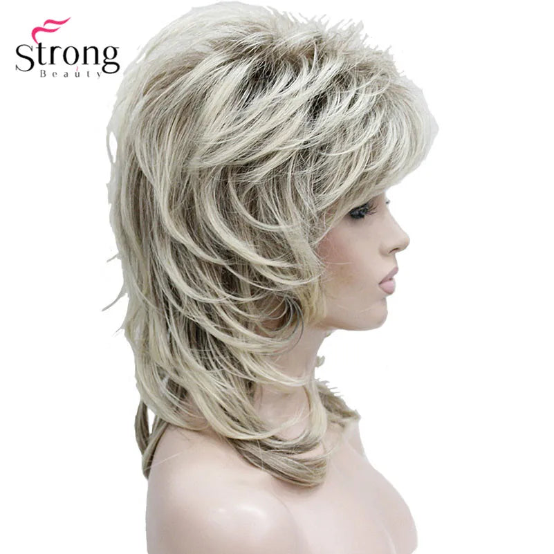 Lady Women Blonde With Dark Root Medium Length Cascaded Layers