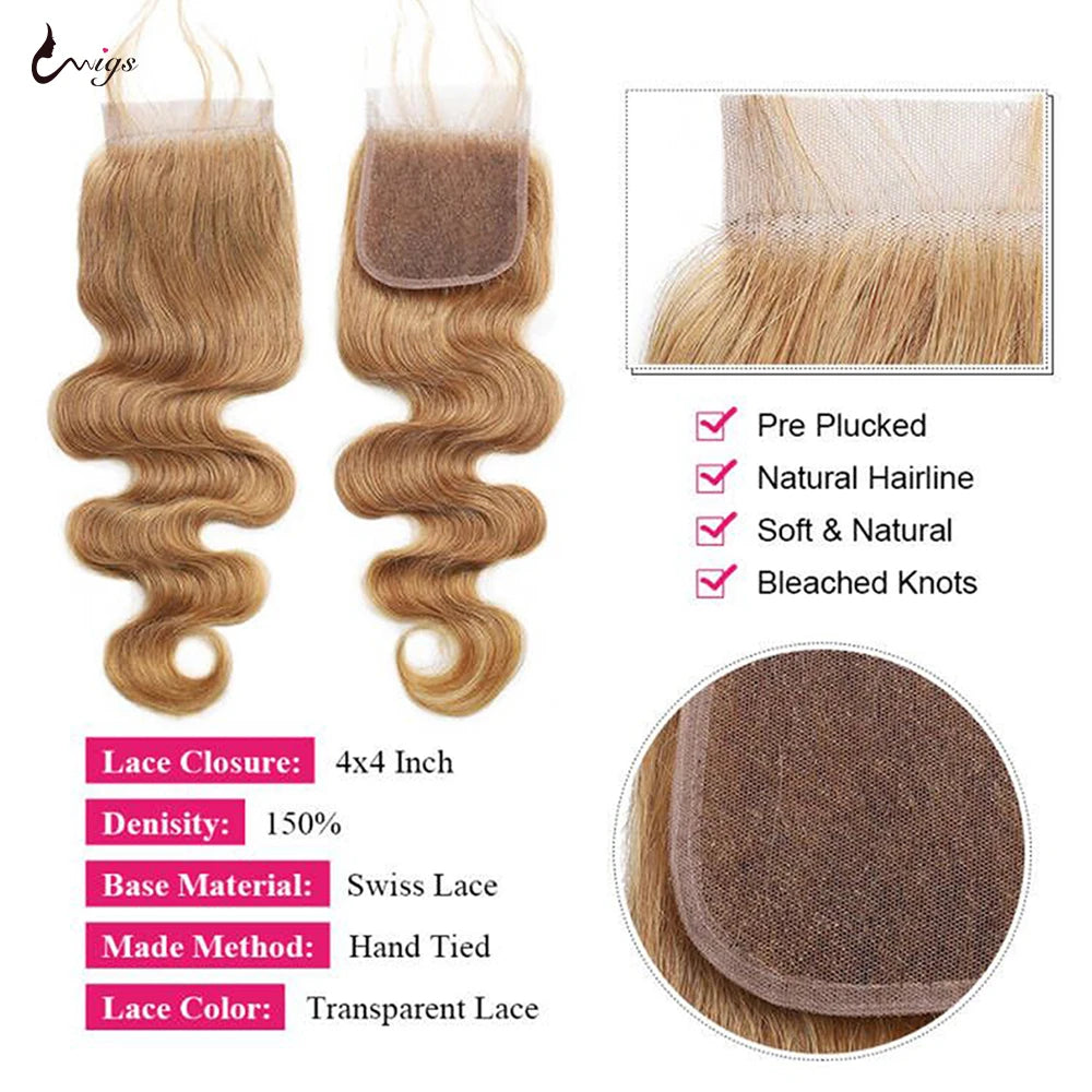 #27 Honey Blonde Human Hair Bundles with Closure Brazilian Hair Weave