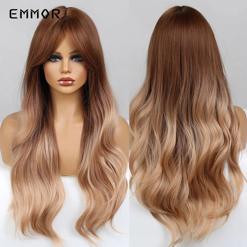 Emmor Ombre Black to Light Blonde Hair Wig Synthetic Long Wavy Wigs