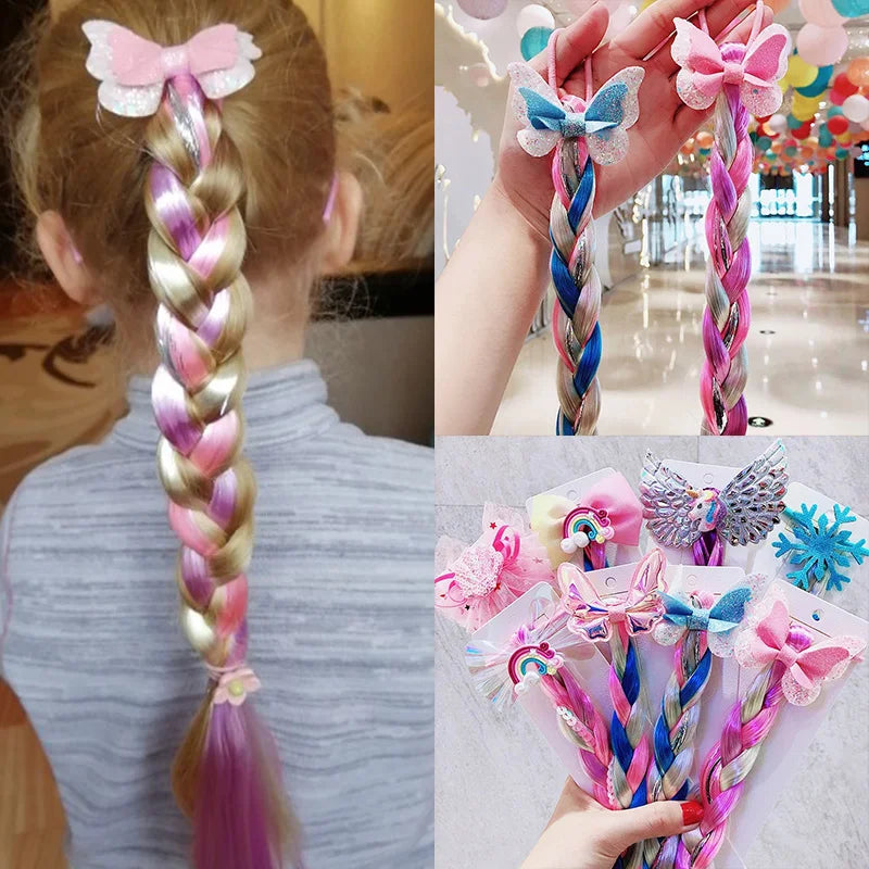 2021 New Girls Cute Cartoon Bow Butterfly Colorful Braid Headband Kids