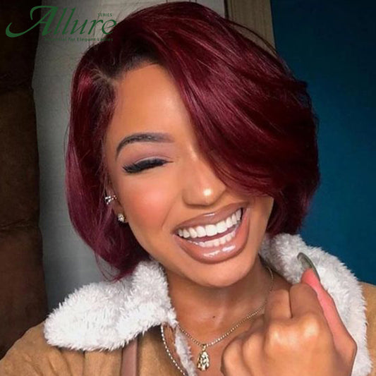 Ombre Burgundy Short Bob Wig With Bangs Human Hair Wigs For Black