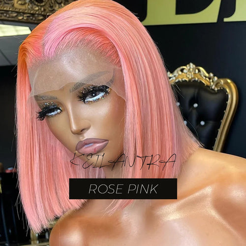 Rose Pink Short Colored Bob Human Hair Wigs Brazilian 13X4 Straight