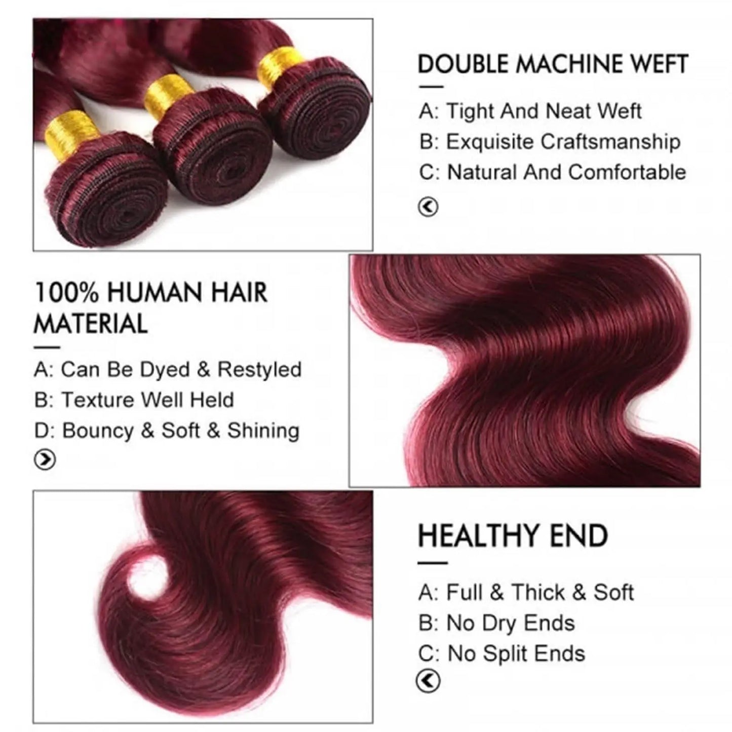 Human Hair Bundles Burgundy Body Wave Bundles Brazilian Red Color