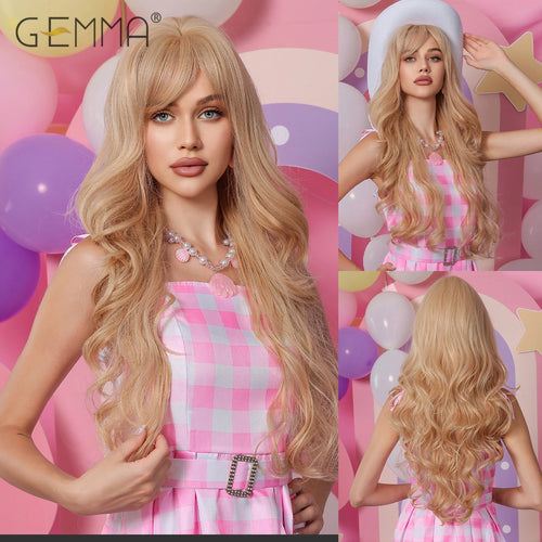 Synthetic Pink Platinum Blonde Cosplay Wig With Bangs Long Wavy