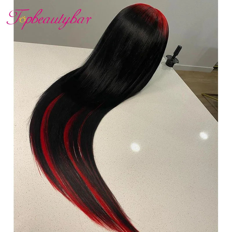 Red Ombre Highlight Colored Straight Lace Front Human Hair Wigs 180%