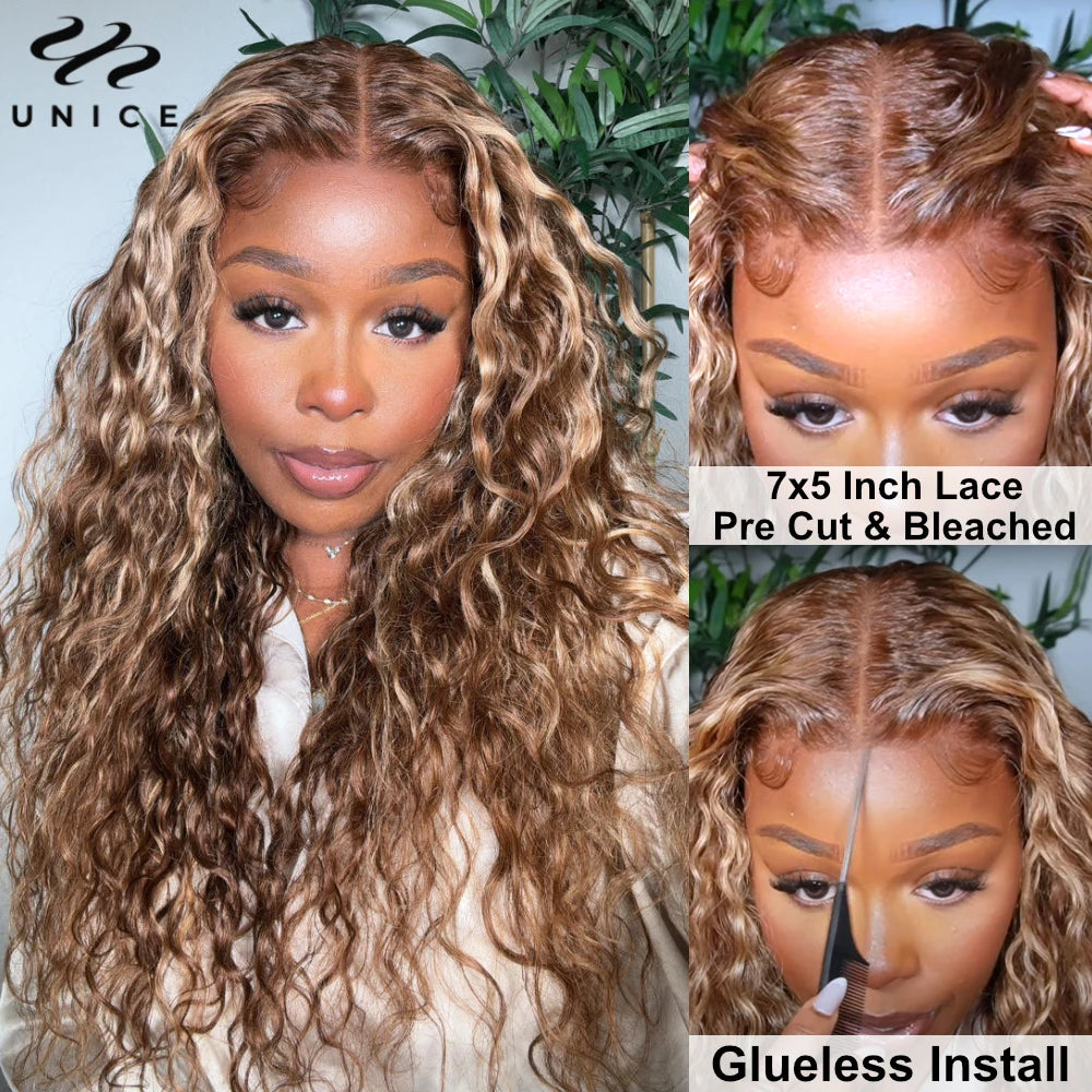 UNice Hair Water Wave Wig Honey Blonde Highlight Pre Cut Lace Wig