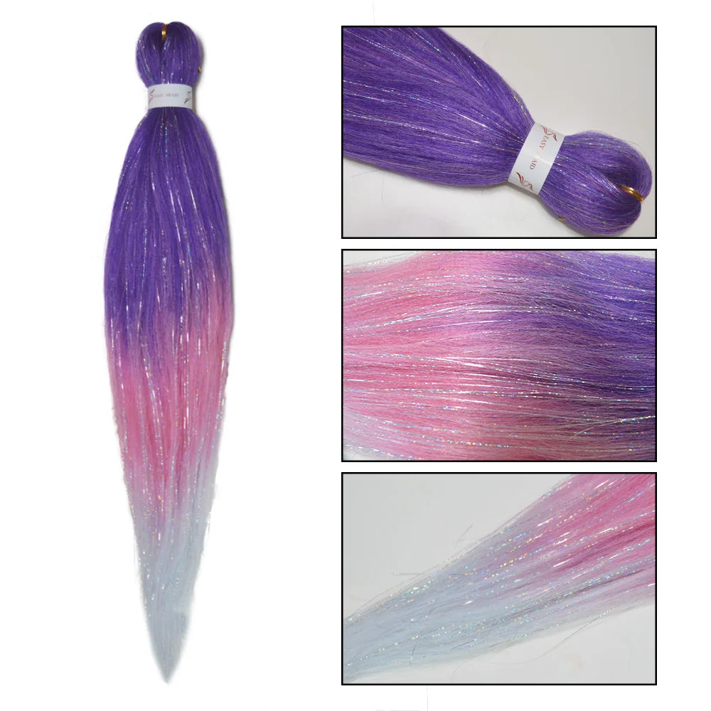 Purple Pink White 3 Tones Ombre Straight Braids Blend Hair Tinsel