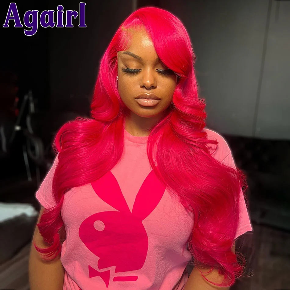 Rose Pink 13X4 Glueless Lace Frontal Body Wave Wig Transparent 13x6