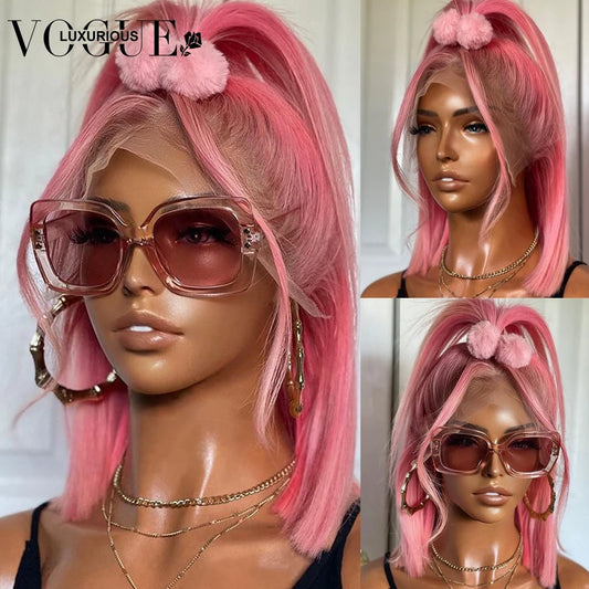 Straight Pink Short Bob Wigs Preplucked 613 Colored Lace Frontal Wig