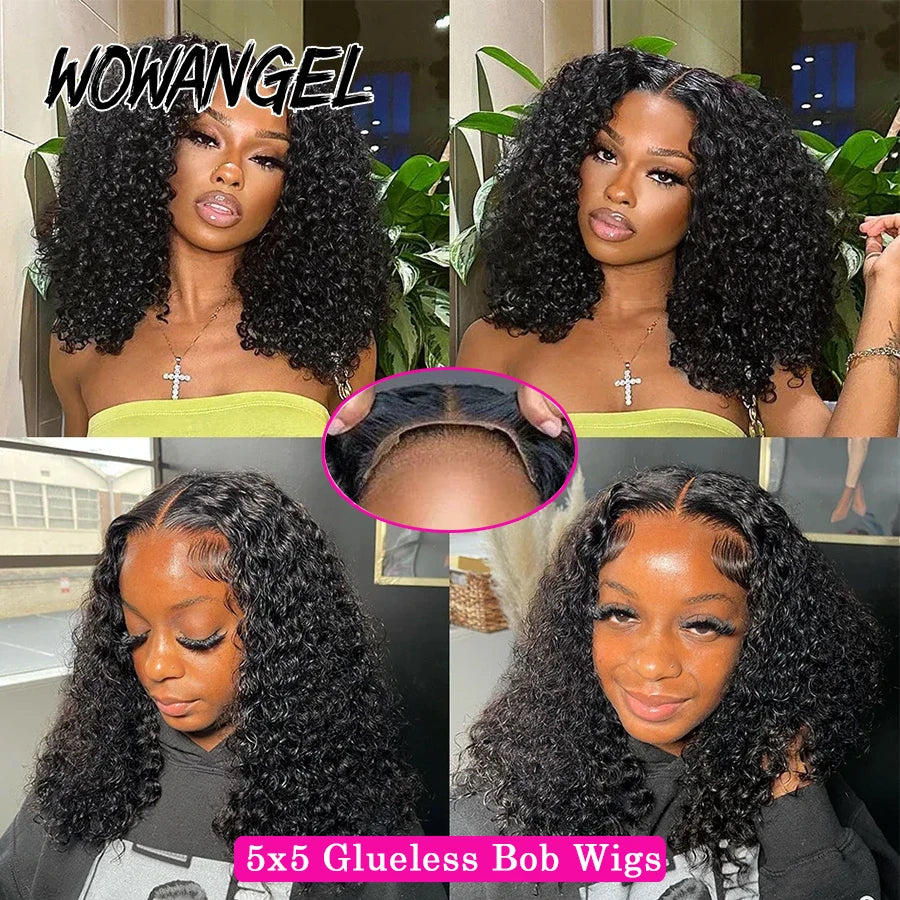 Wow Angel Glueless Short Curly Bob Hair Wig Human Hair 5x5 HD Lace