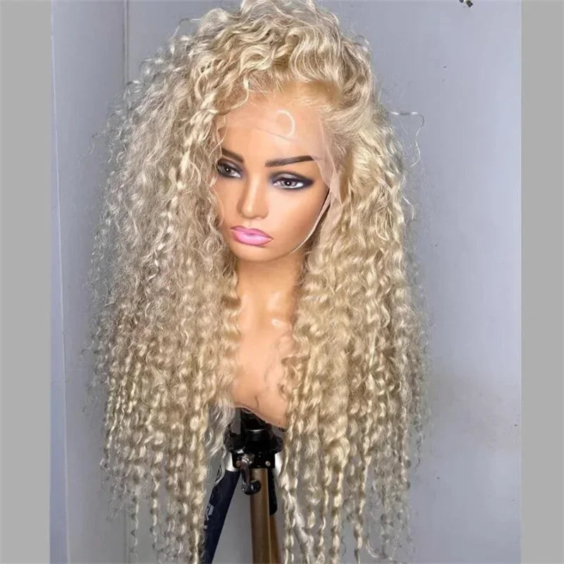 Natural 26" Synthetic Curly PrePlucked 180 Density Blonde Lace Front