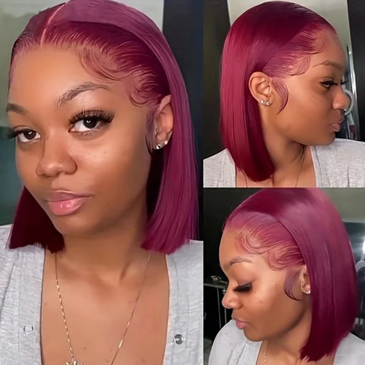 Peruvian Burgundy HD Transparent Short Bob Human Hair Wigs 99J Red