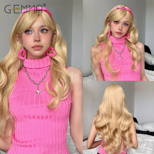 Synthetic Pink Platinum Blonde Cosplay Wig With Bangs Long Wavy