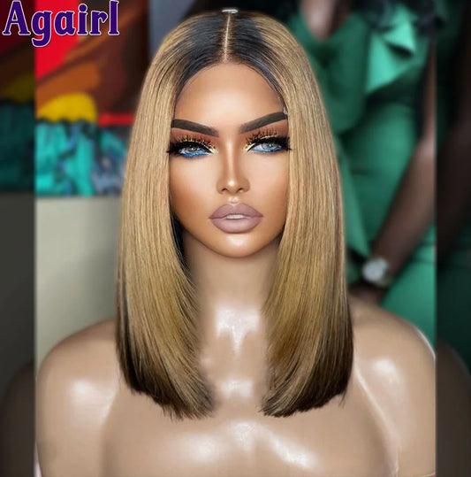 Ombre Blonde Black Bob Frontal Wig Human Hair Ready To Wear 200%