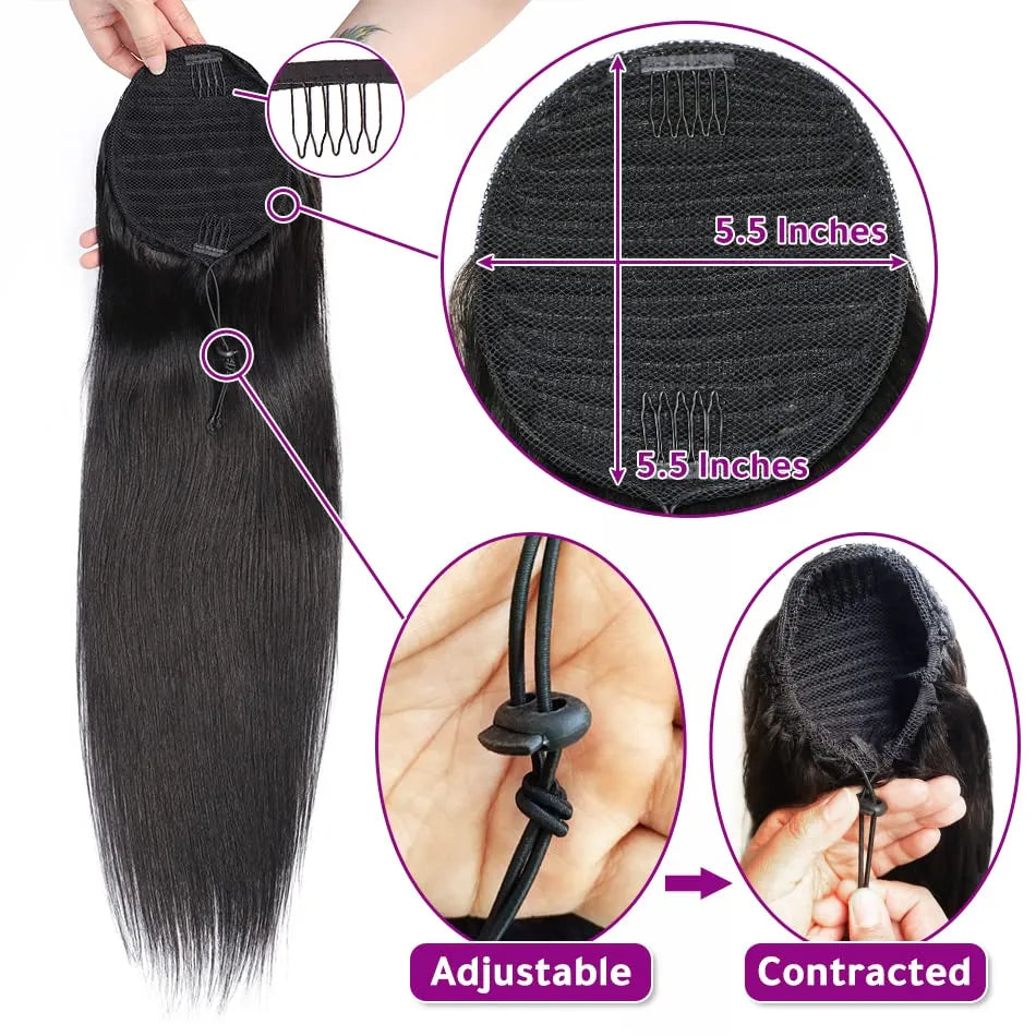 Ponytail Human Hair Extensions With Clip 10"-26" 100gram Natural Color