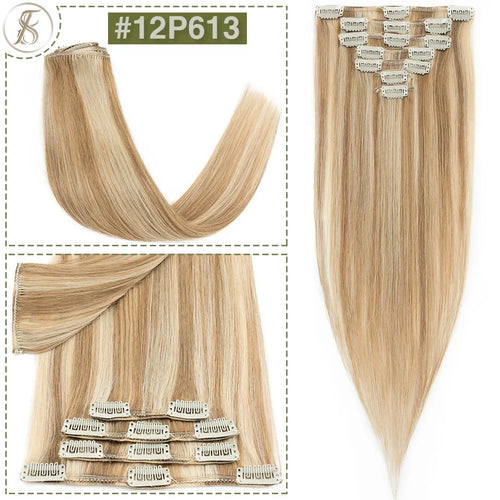 TESS 7Pcs/Set Human Hair Clip In Hair Extensions Natural Extension