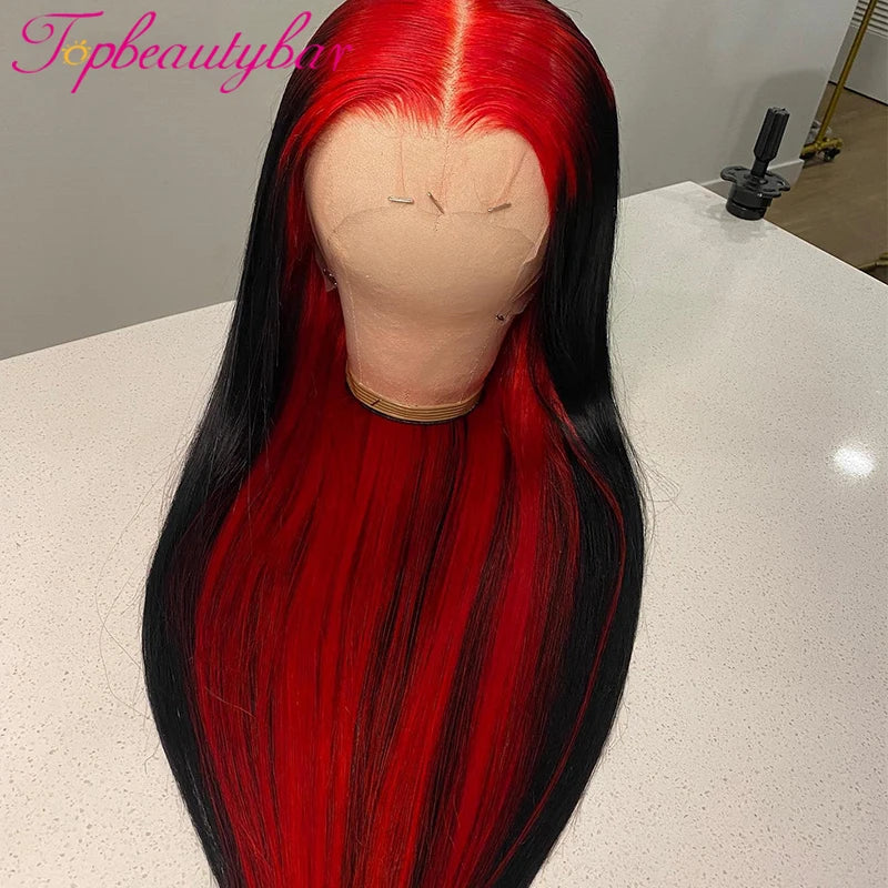 Red Ombre Highlight Colored Straight Lace Front Human Hair Wigs 180%