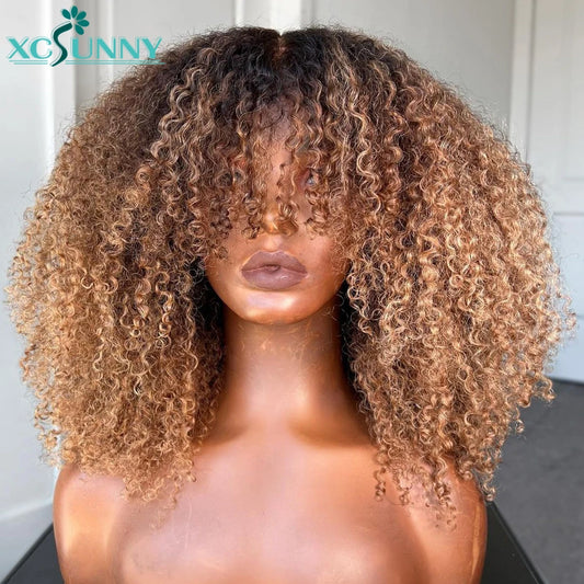 Blonde Afro Kinky Curly Wig Human Hair Machine Made Scalp Top Wig With