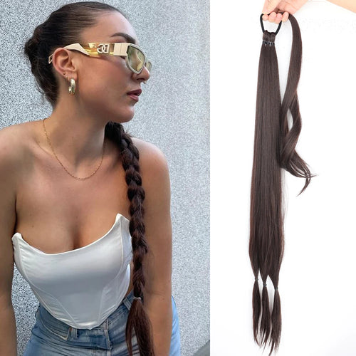 Synthetic Braided Ponytail Extensions Long Black Rubber Band Hairpiece