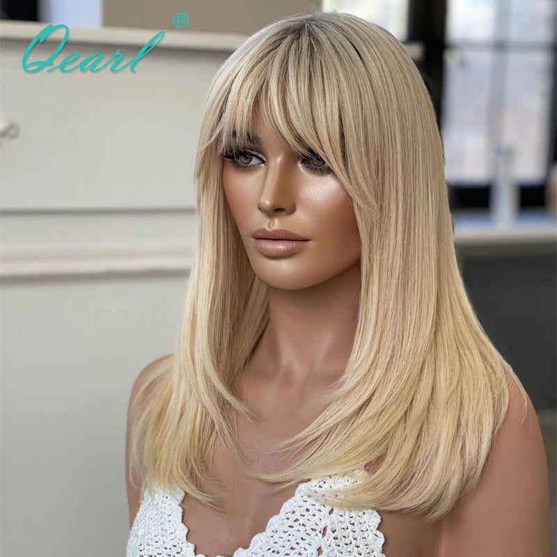 Light Honey Blonde Bob Lace Wig with Bangs Brazilian Human Hair Wig