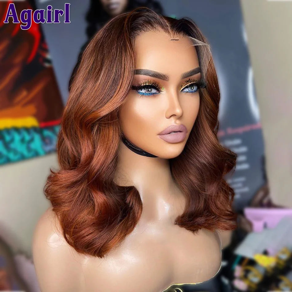 Red Ginger Brown Highlight Short Bob Wavy Lace Front Human Hair Wigs