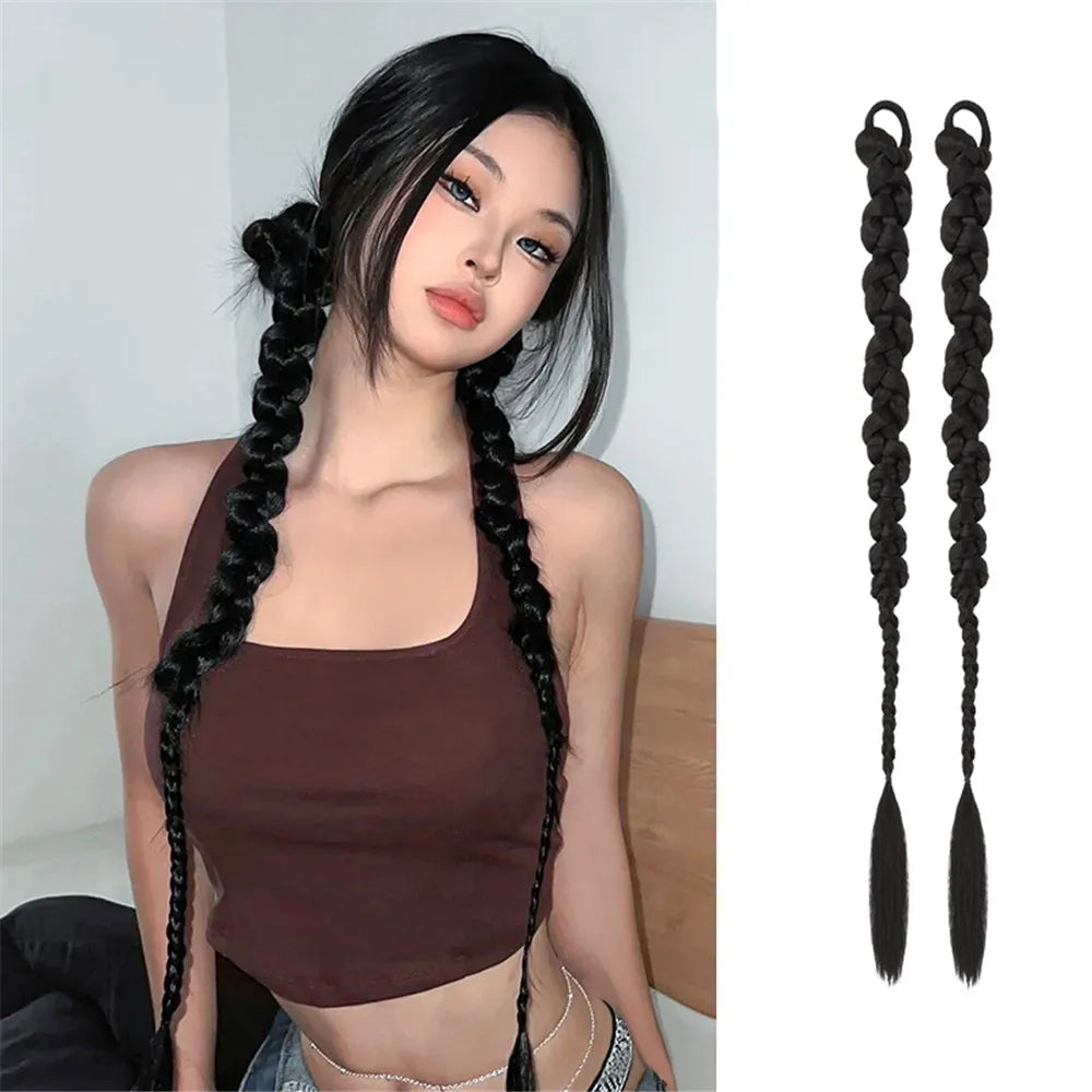 70cm Twist Braid Ponytail High Elastic Wig Women Hair Side Natural Wig