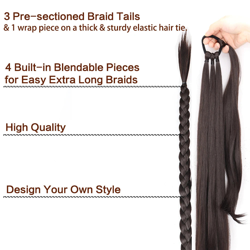 Synthetic Braided Ponytail Extensions Long Black Rubber Band Hairpiece