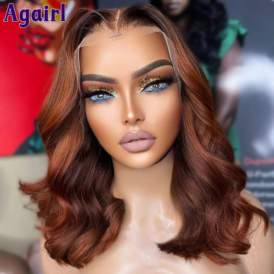 Red Ginger Brown Highlight Short Bob Wavy Lace Front Human Hair Wigs