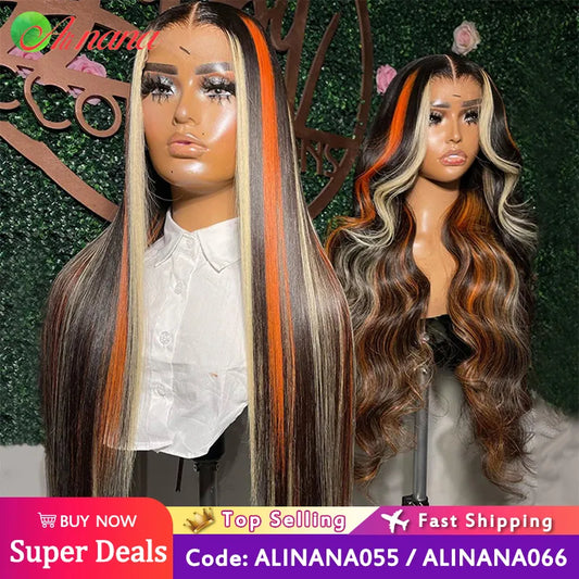 Highlights Orange Blonde Colored Straight Body Wave Human Hair Wig