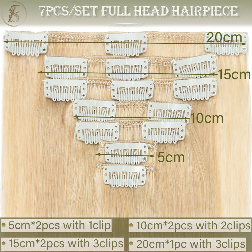 TESS 7Pcs/Set Human Hair Clip In Hair Extensions Natural Extension