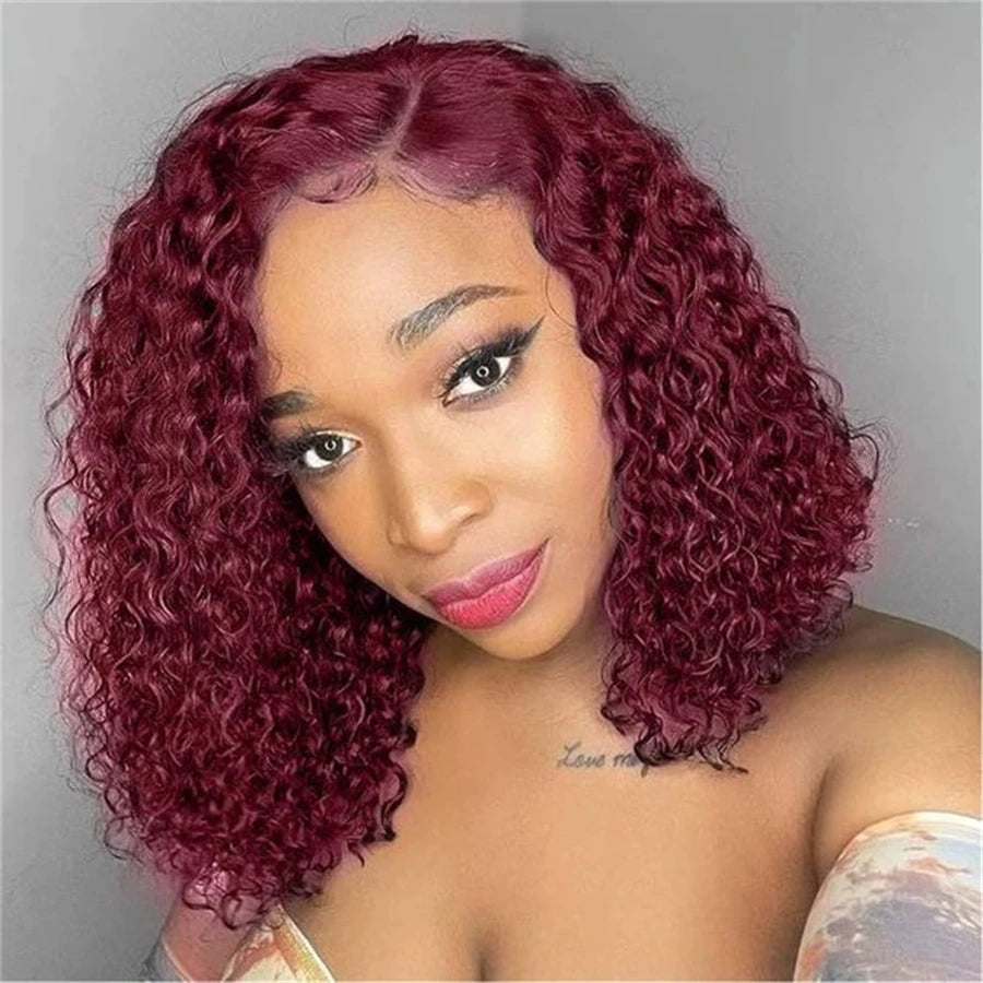 Red Bob Wig 99J Burgundy Lace Front Wig 13x4 Curly Human Hair Wigs