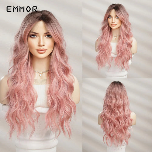 Emmor Ombre Black to Light Blonde Hair Wig Synthetic Long Wavy Wigs