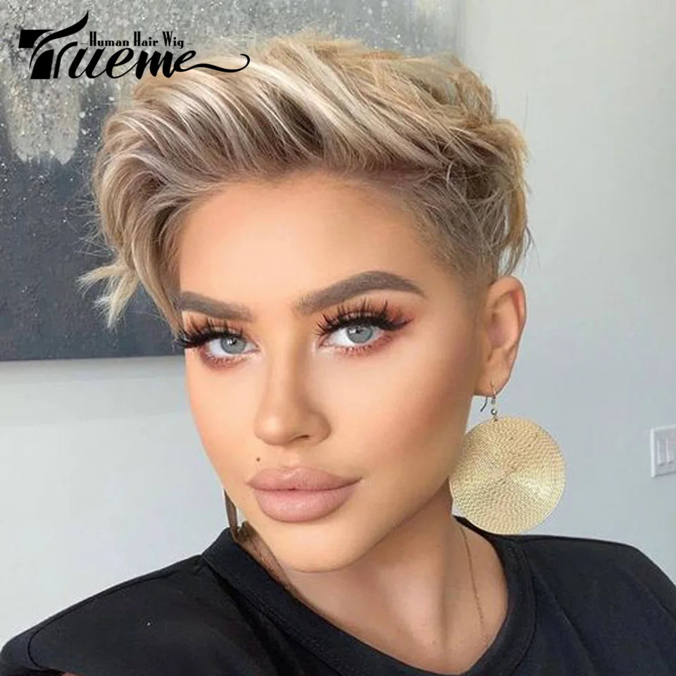 Short Highlight Pixie Human Hair Wig Brazilian Lace Front Human Hair