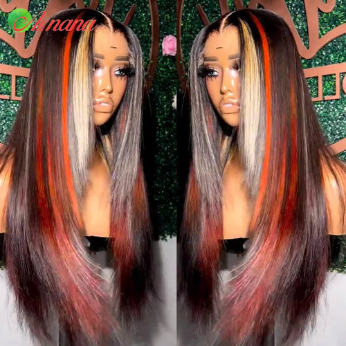 Highlights Orange Blonde Colored Straight Body Wave Human Hair Wig